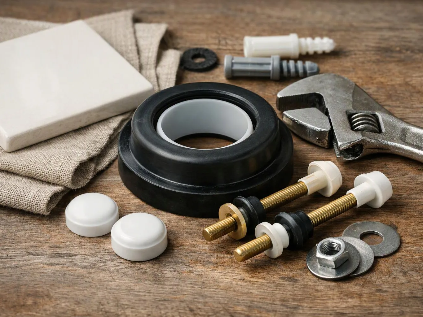 Assorted toilet seat hardware, bolts, washers, and a wrench arranged on a wooden surface