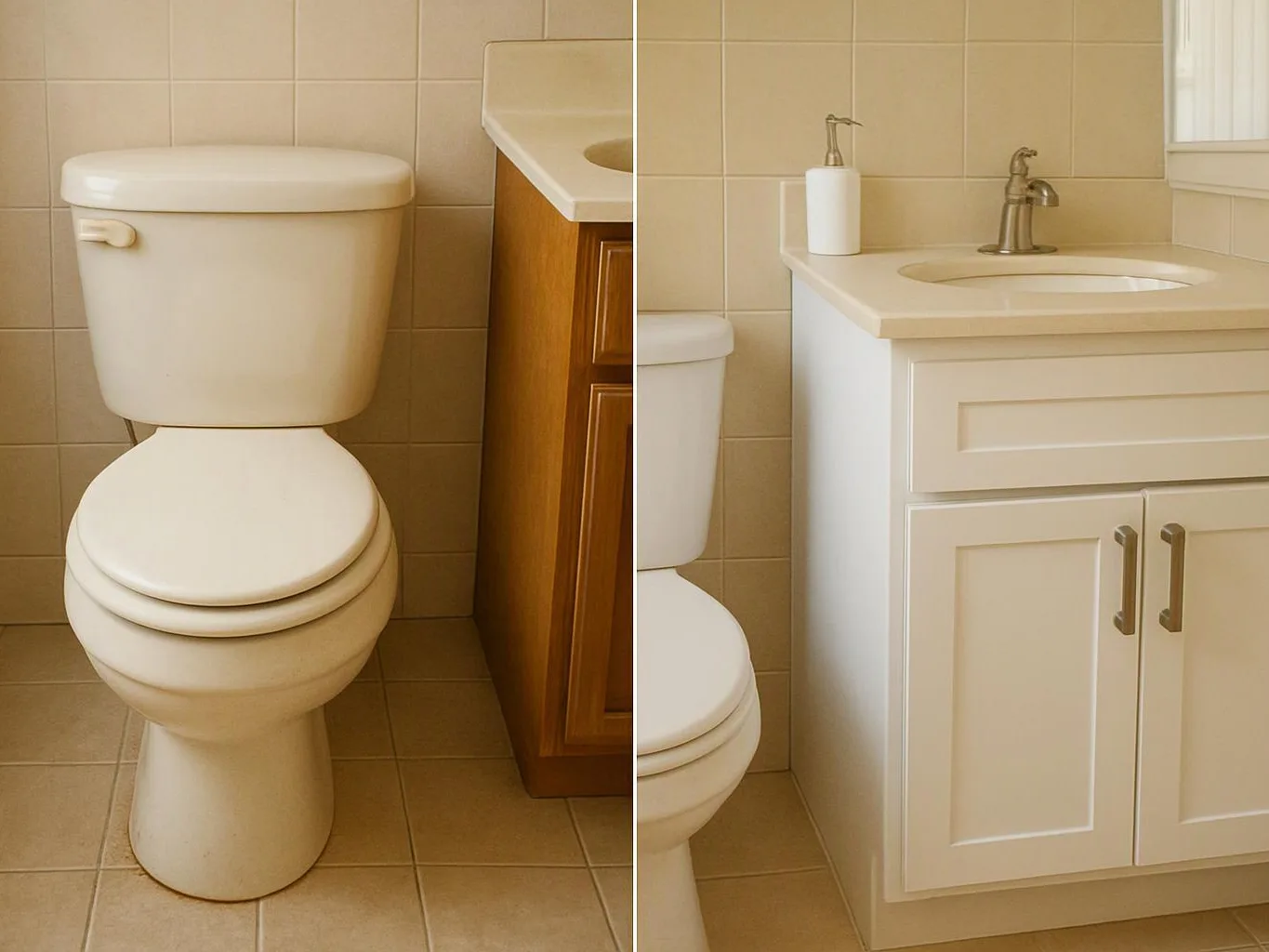 A bathroom shows a white toilet beside a vanity with a sink, beige tile walls, and floor