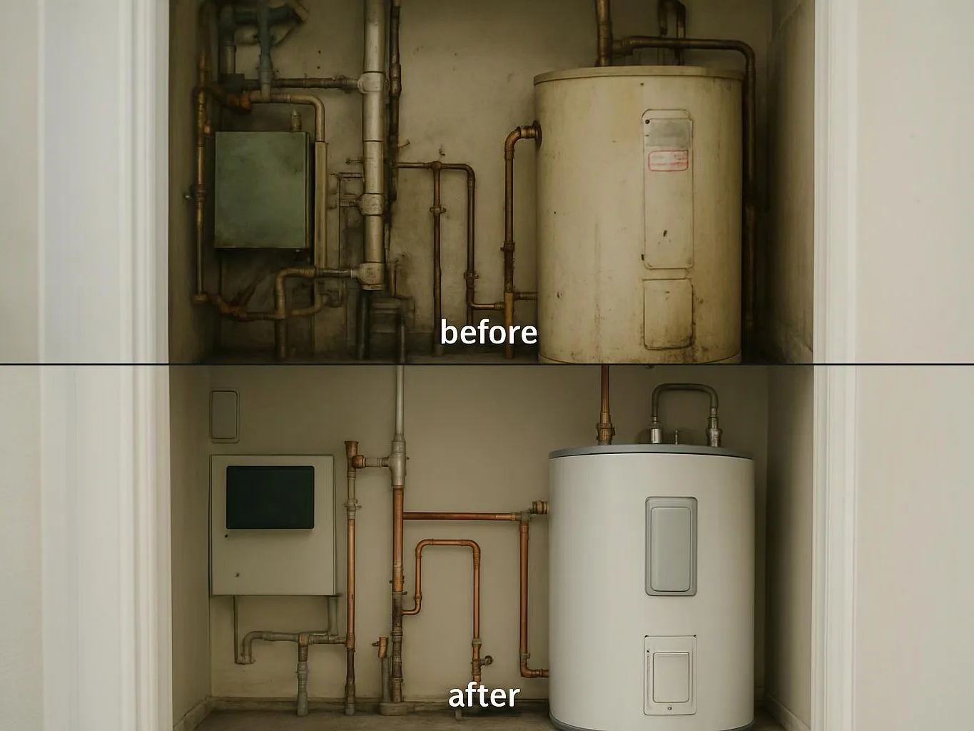 A before and after view shows an old utility closet replaced with a cleaner water heater and piping