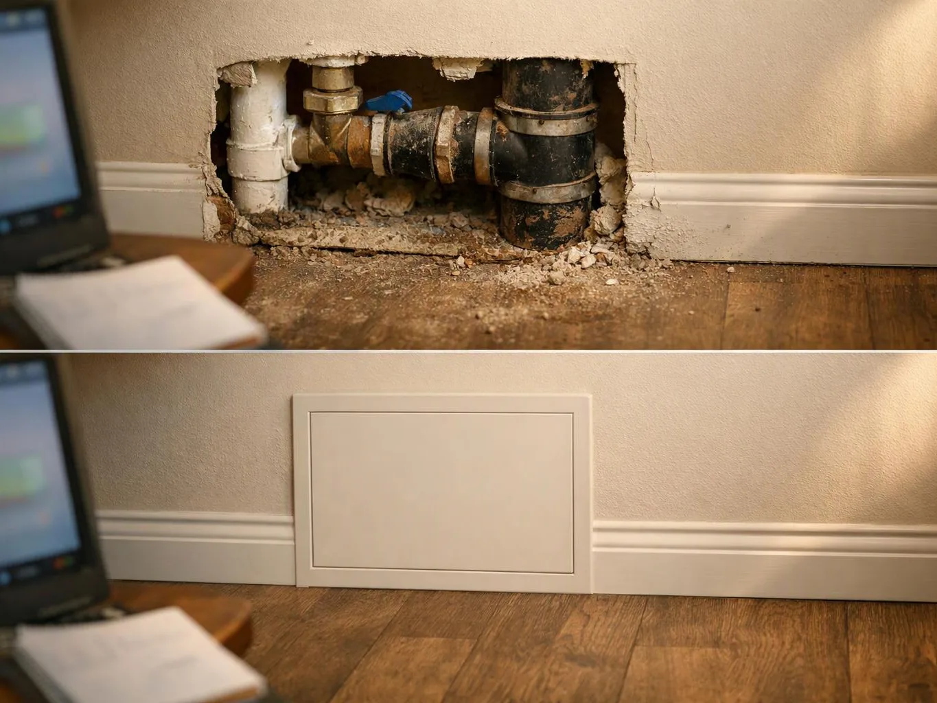 Before and after view of a wall opening exposing pipes, then a closed access panel beside a floor and baseboard