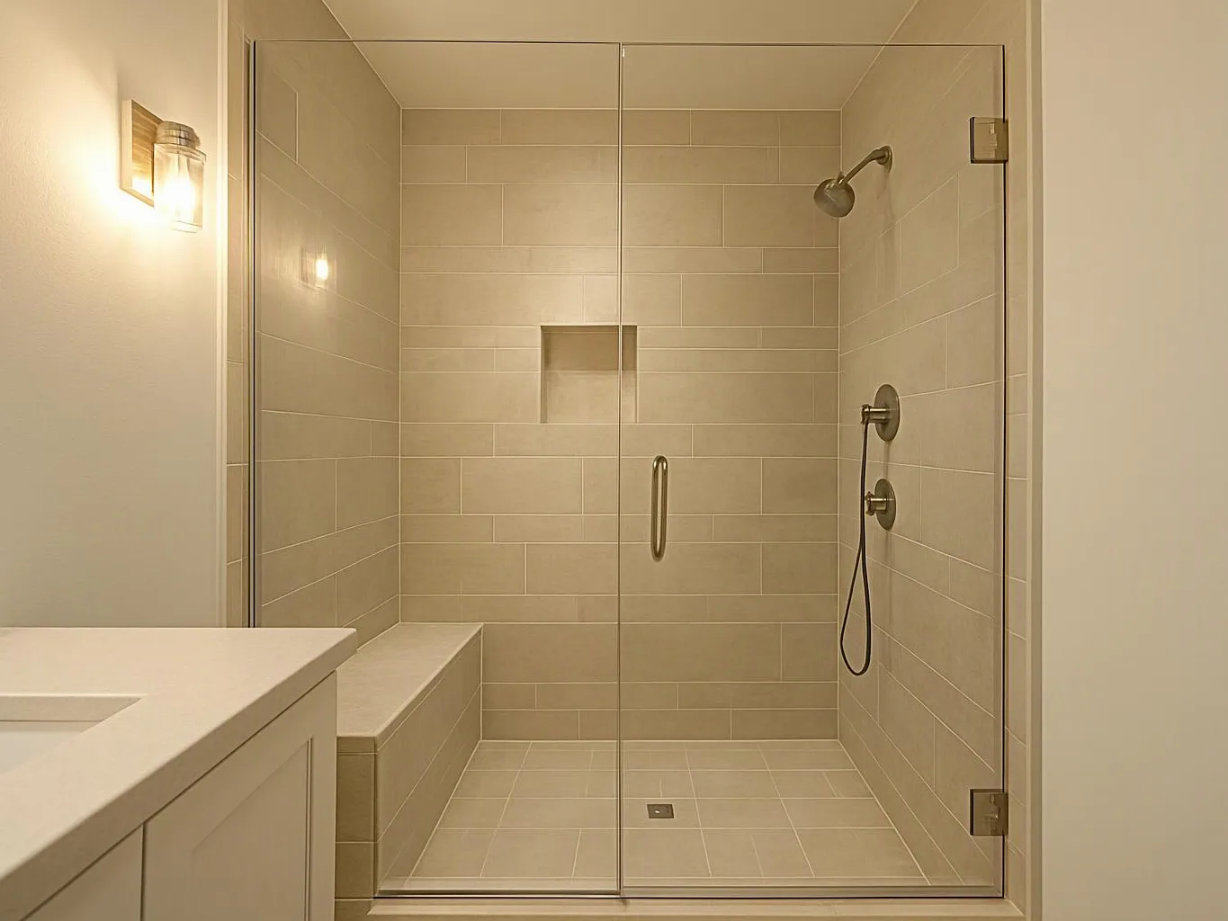A beige tiled walk-in shower with glass doors stands beside a white bathroom vanity, lit by a wall sconce