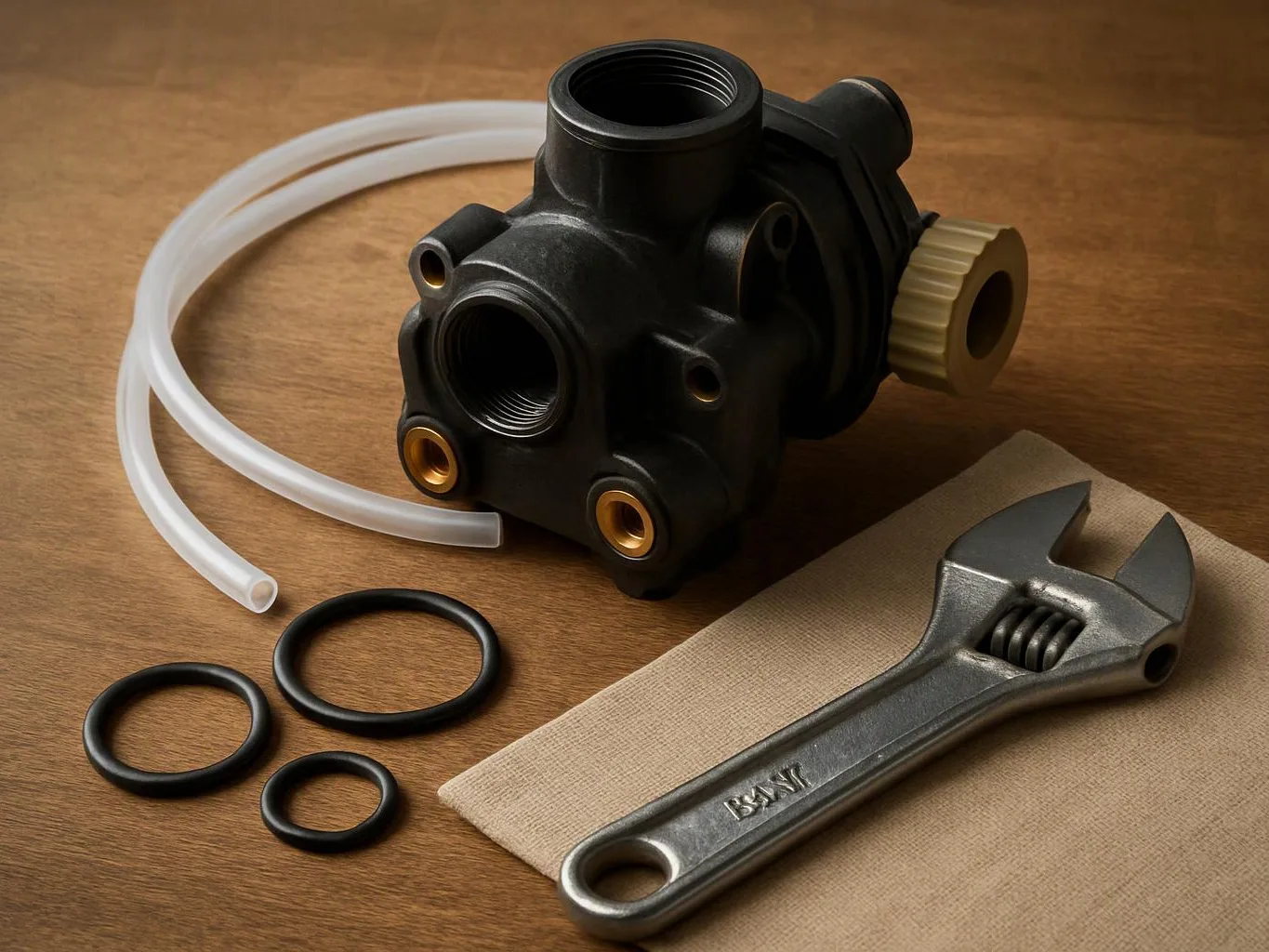 Black mechanical pump part with tubing, O-rings, and an adjustable wrench on a wooden surface