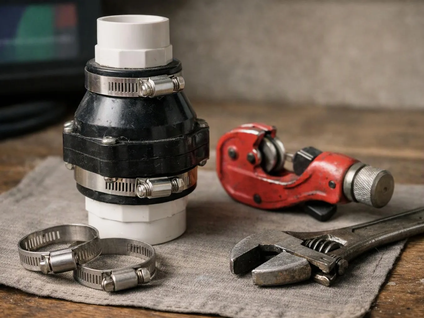 A black pipe fitting with metal clamps sits beside a red cutter and wrenches on a cloth-covered workbench