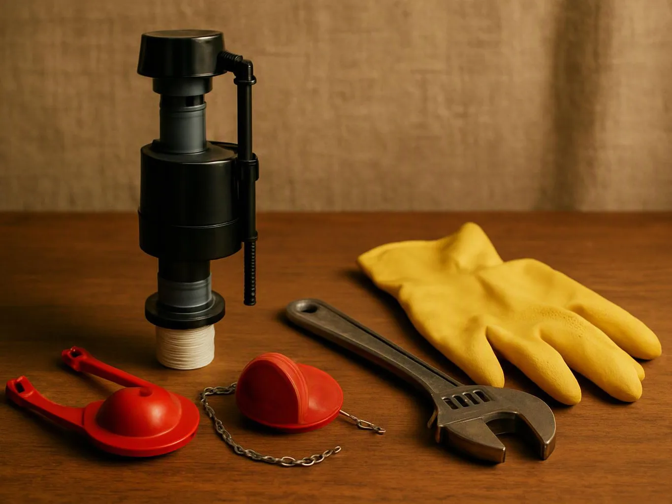A black plumbing valve sits on a wooden table beside yellow gloves, a wrench, and red caps