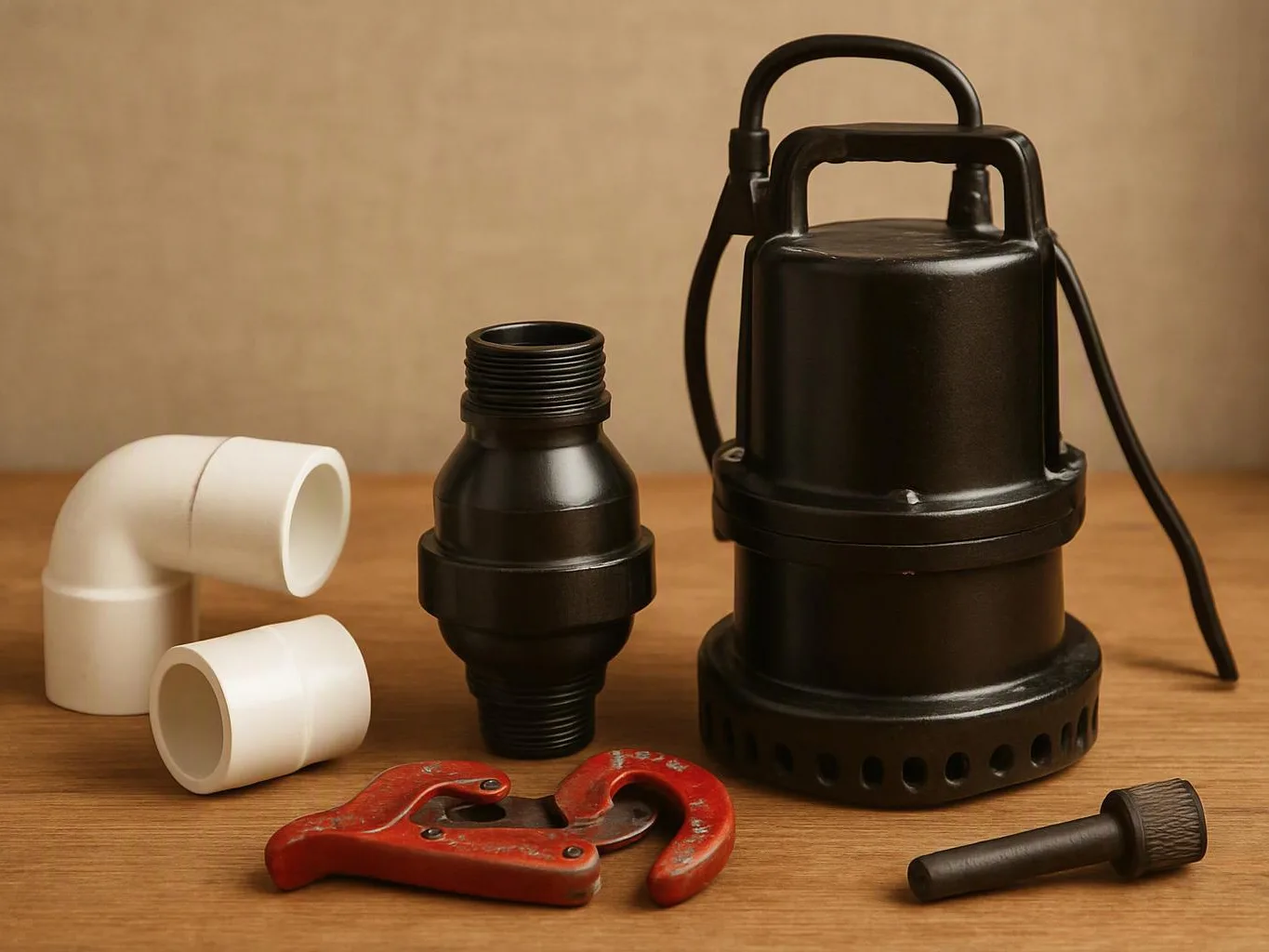A black submersible pump sits beside white PVC elbows, a red pipe cutter, and a small black tool on a wooden table