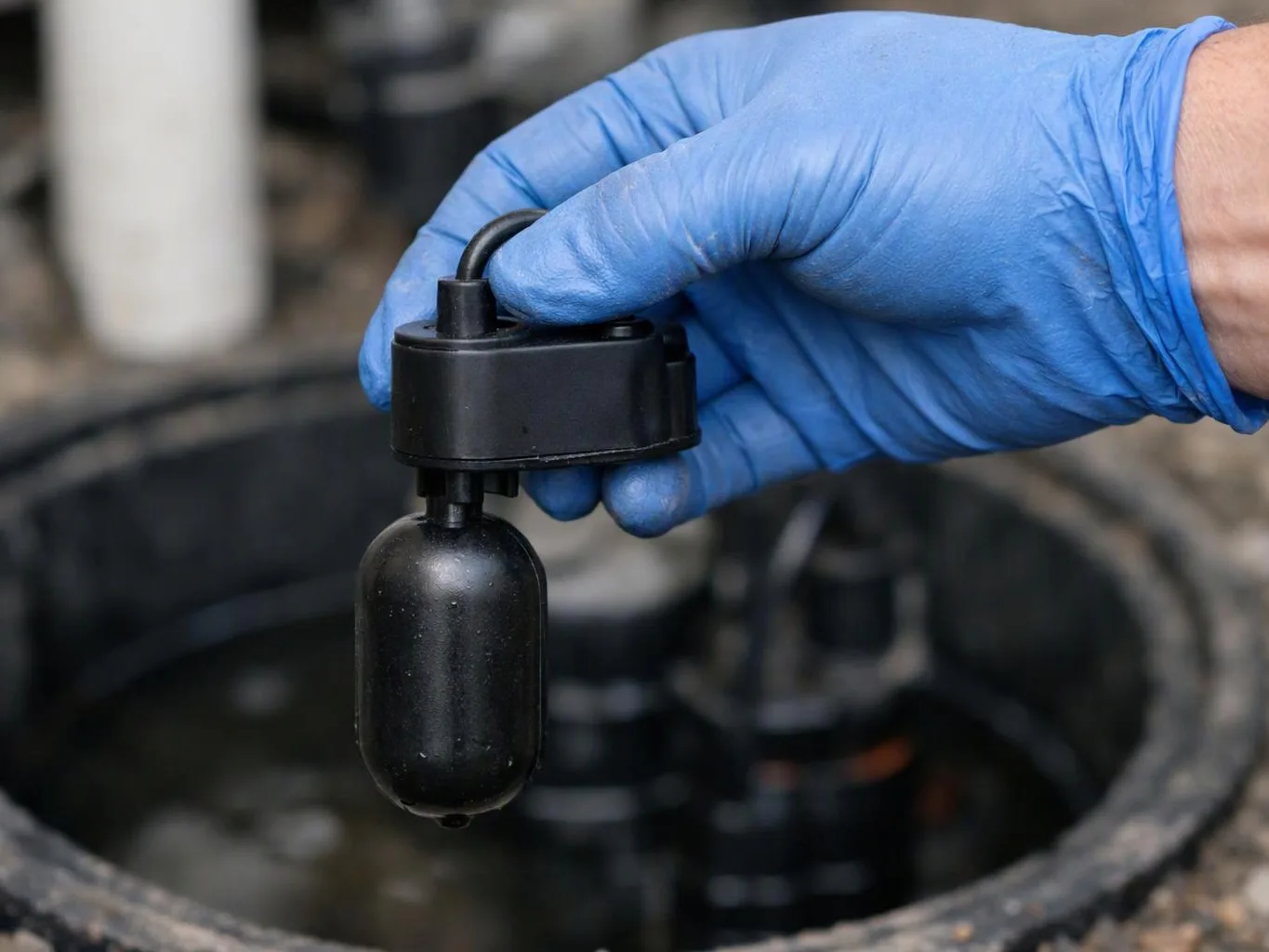 A blue-gloved hand holds a black float sensor above an open tank or basin