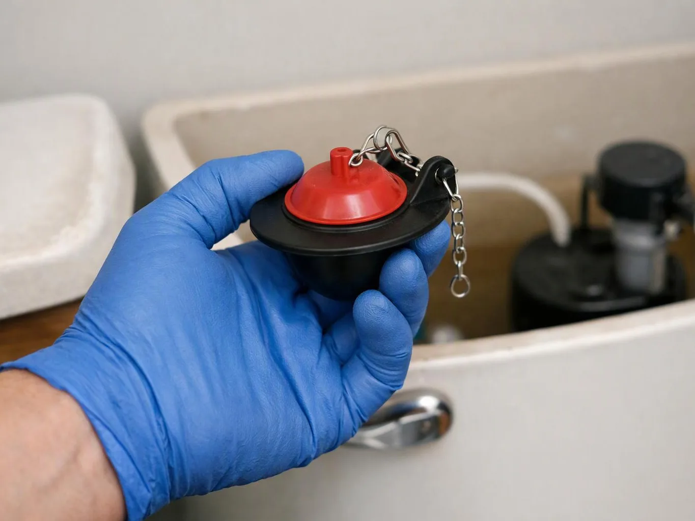 A blue-gloved hand holds a red and black toilet flapper with a chain above an open tank inside a bathroom