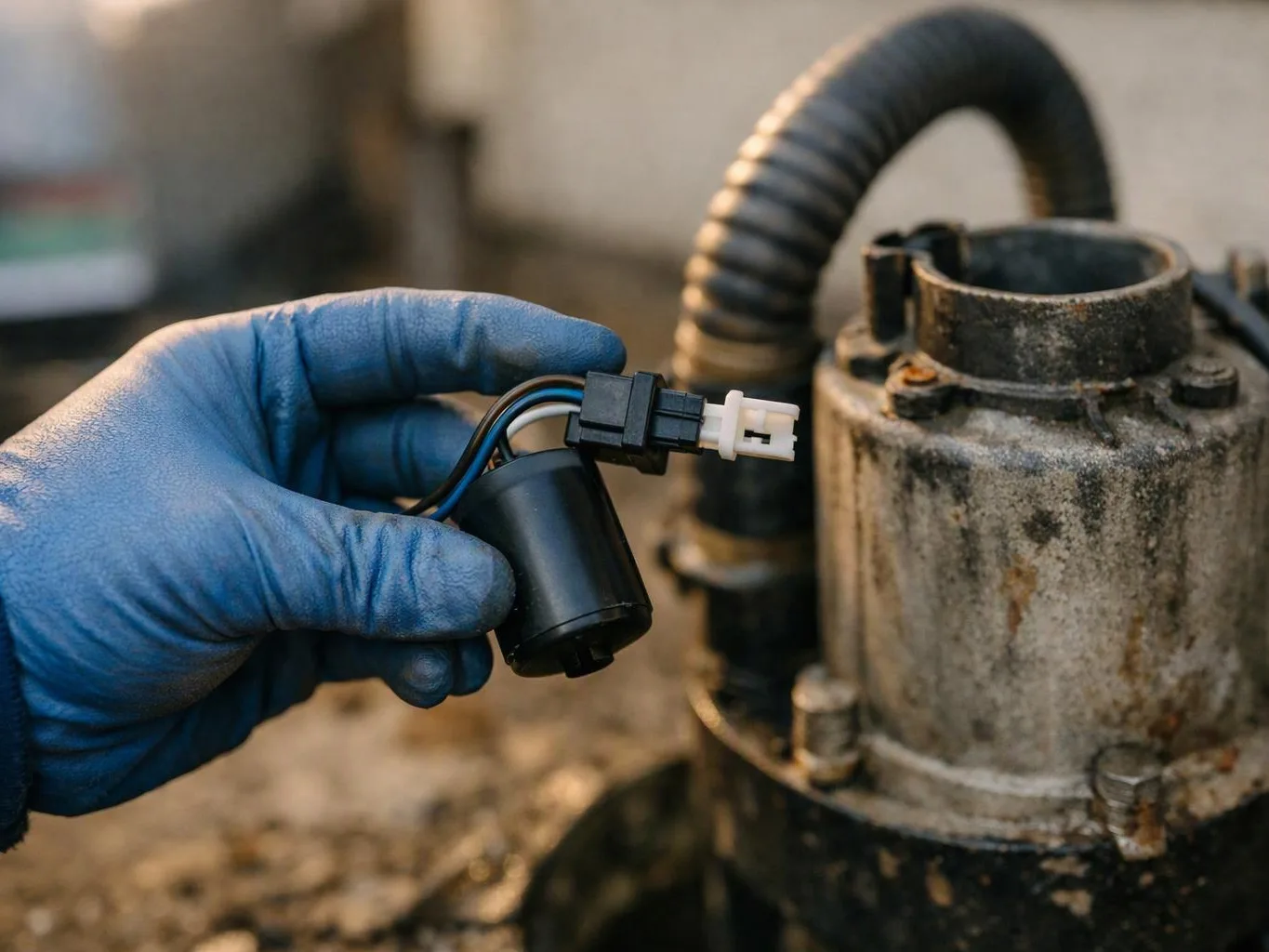 A blue-gloved hand holds a small black connector beside a dirty metal pump housing outdoors