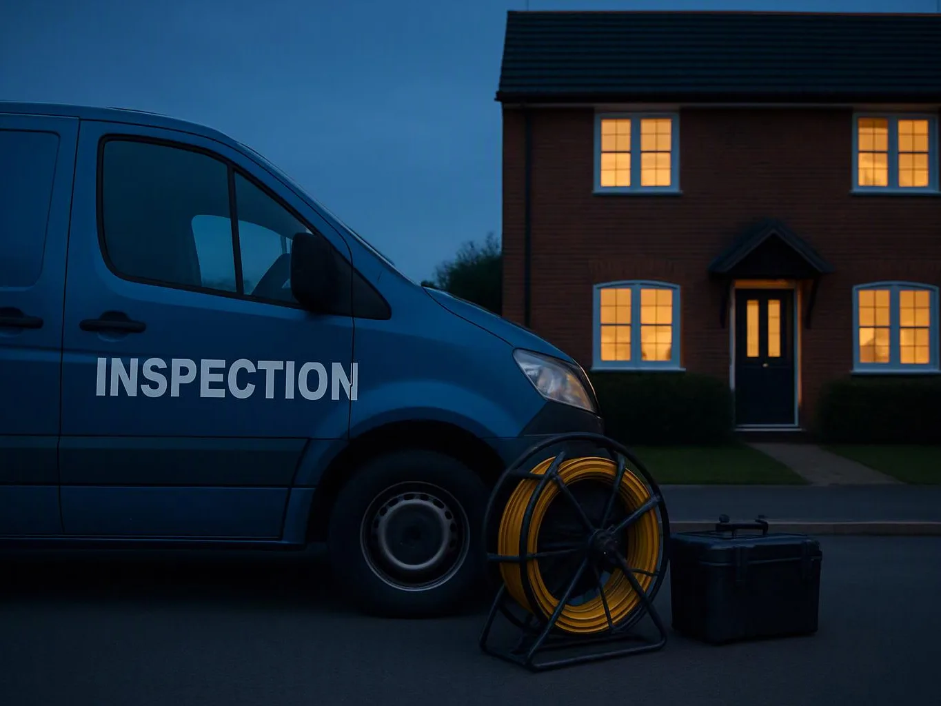 A blue inspection van is parked outside a lit house at dusk, with a hose reel and toolbox beside it