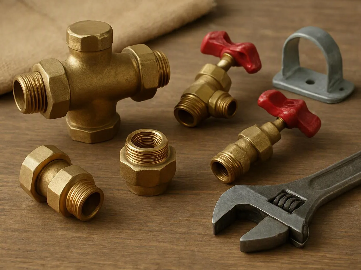 Brass plumbing fittings and red-handled valves sit on a wooden surface beside a wrench and metal bracket
