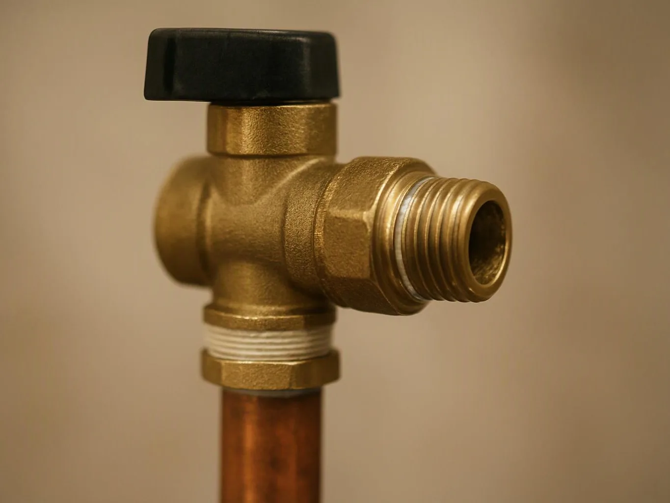 A brass plumbing valve with a black handle and threaded pipe fitting sits against a plain beige background