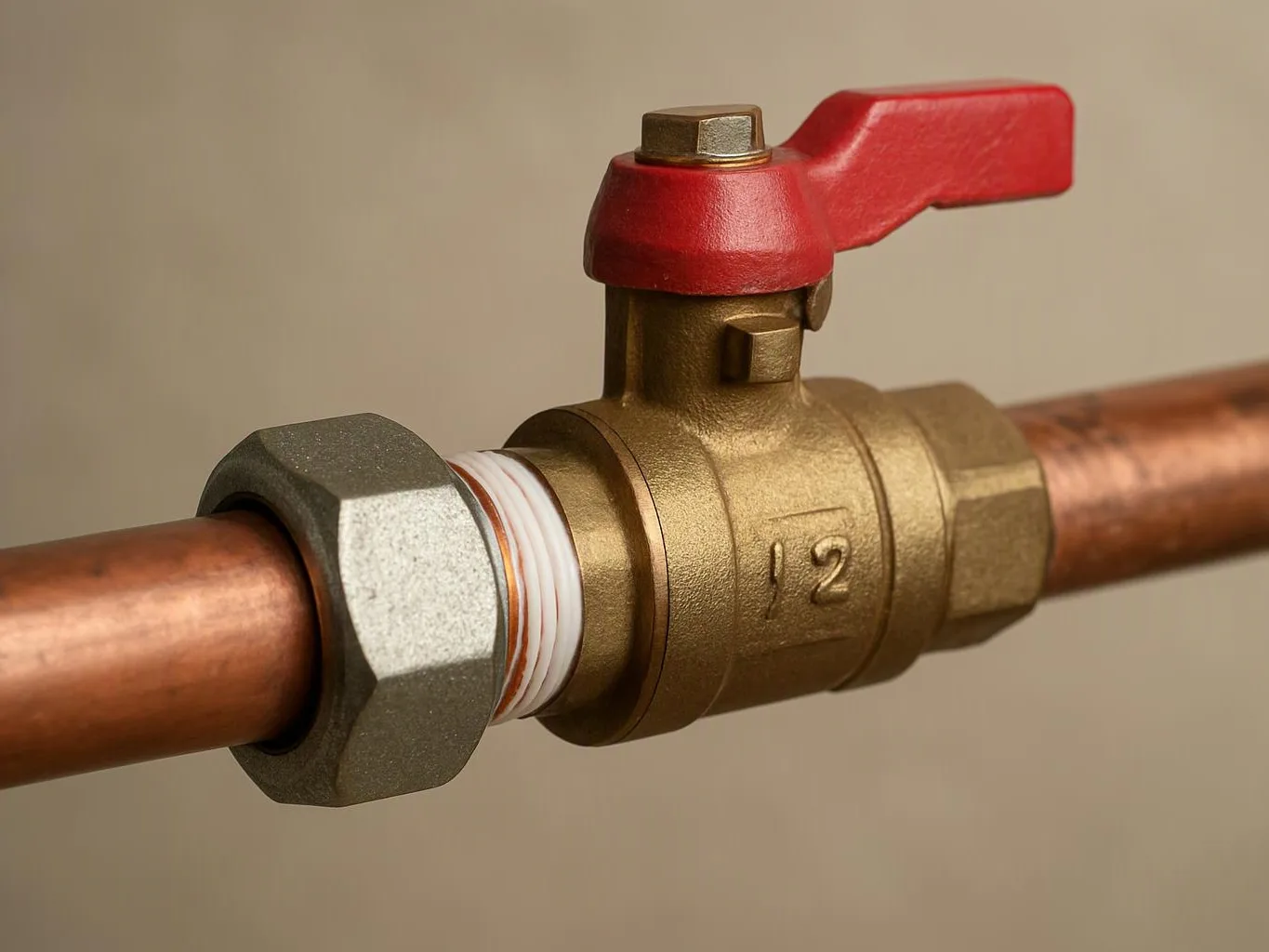 A brass valve with a red handle connects two copper pipes against a plain beige background