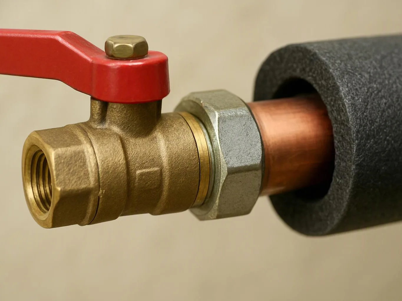 A brass valve with a red handle is attached to a copper pipe beside black insulation