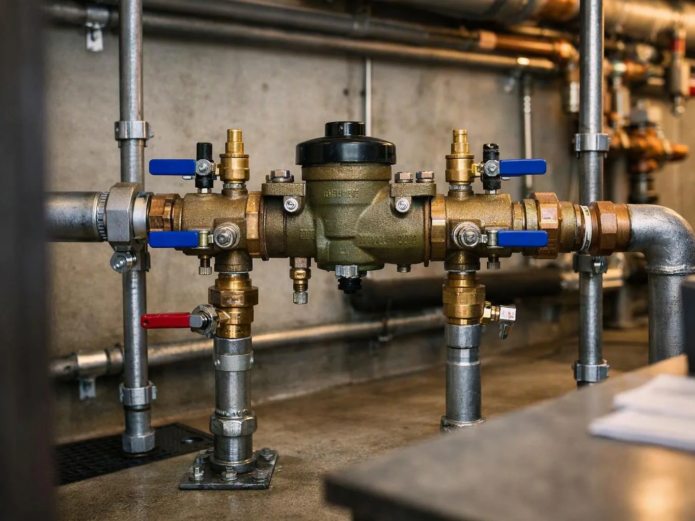 Brass valves and blue handles connect to steel pipes in an industrial utility room