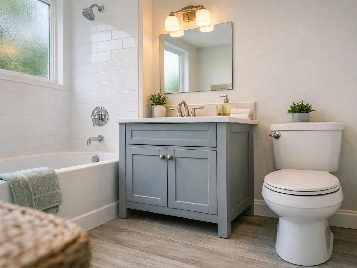 A bright bathroom shows a bathtub, gray vanity, mirror, and toilet beside a frosted window