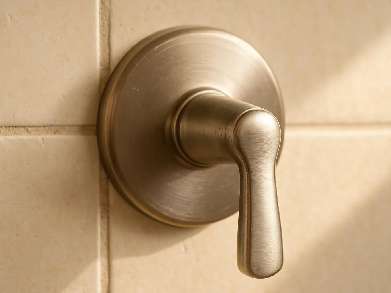 A brushed metal shower control handle sits on beige tiled wall tiles