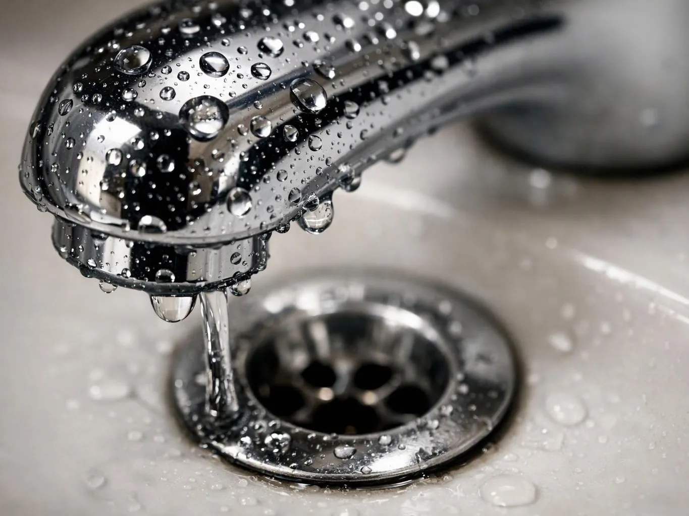 A chrome faucet covered in water droplets pours water into a sink drain at close range