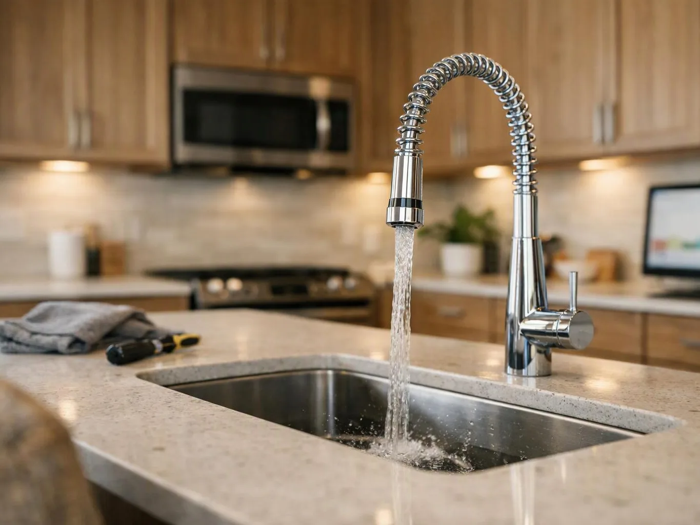 A chrome kitchen faucet pours water into a sink on a light stone countertop in a modern kitchen