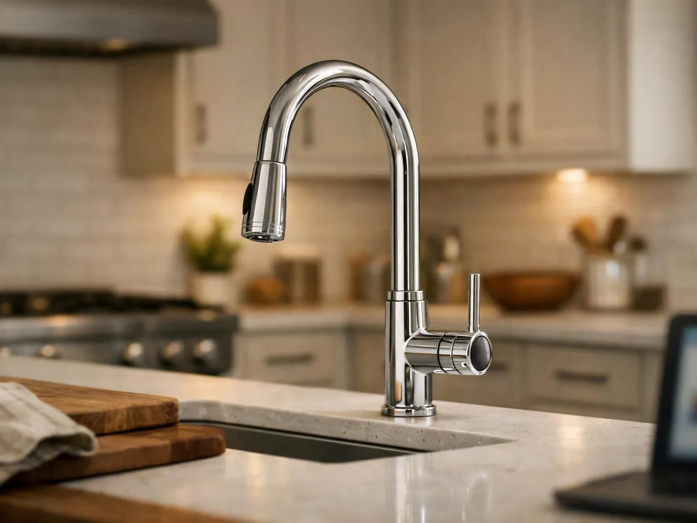 A chrome kitchen faucet stands over a sink on a light countertop in a blurred modern kitchen