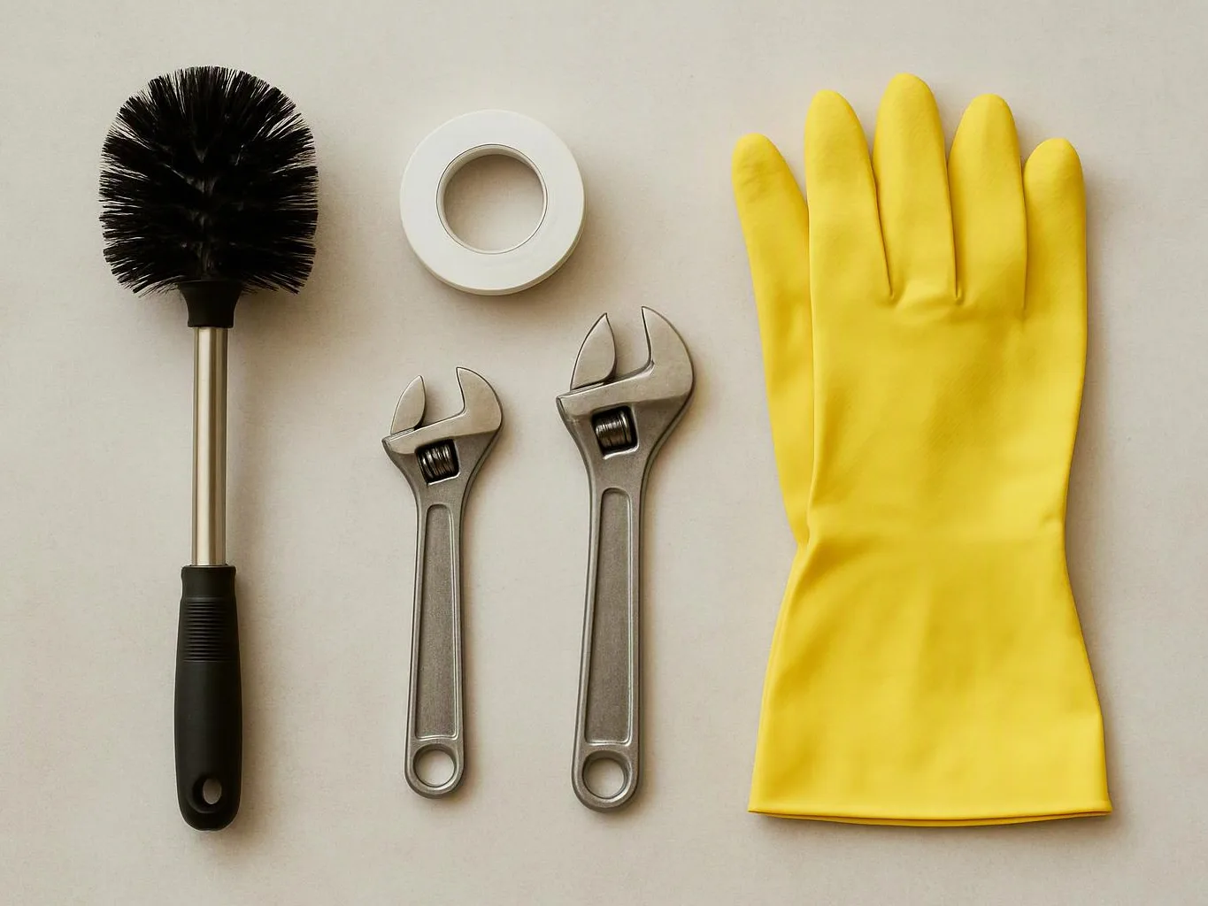 Cleaning tools and a yellow rubber glove laid out on a light surface