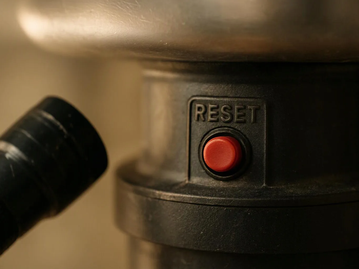 Close-up of a black machine with a red reset button and a hose against a blurred background