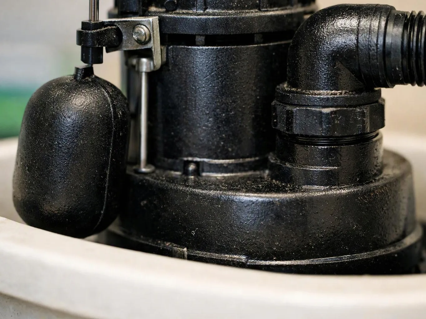 Close-up of a black mechanical pump or filter with a curved pipe and float chamber