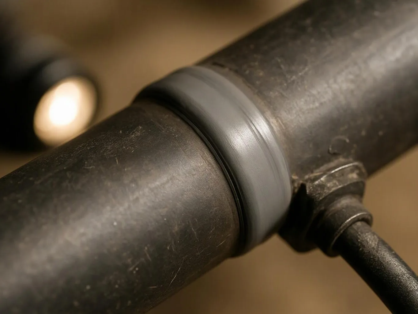Close-up of a black metal pipe with a gray rubber coupling and side cable against a blurred background