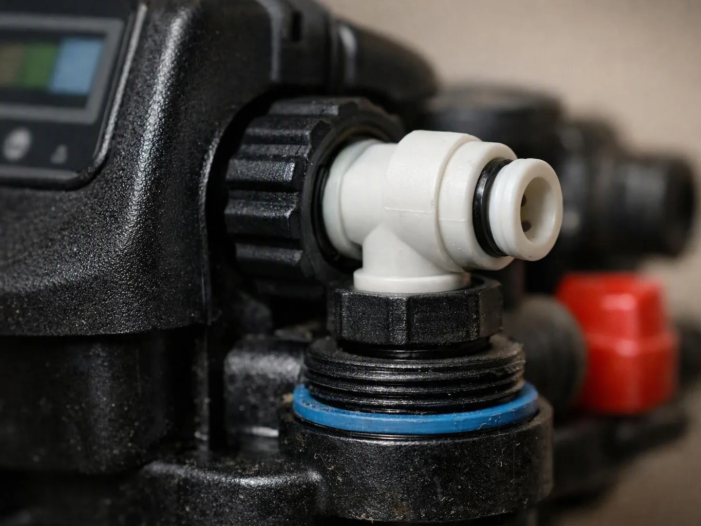 Close-up of a black plastic fitting with a white elbow connector and red valve on a machine