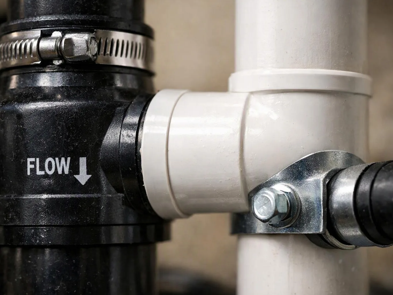 Close-up of black and white plumbing pipes joined by metal clamps, with a visible FLOW arrow on the left pipe