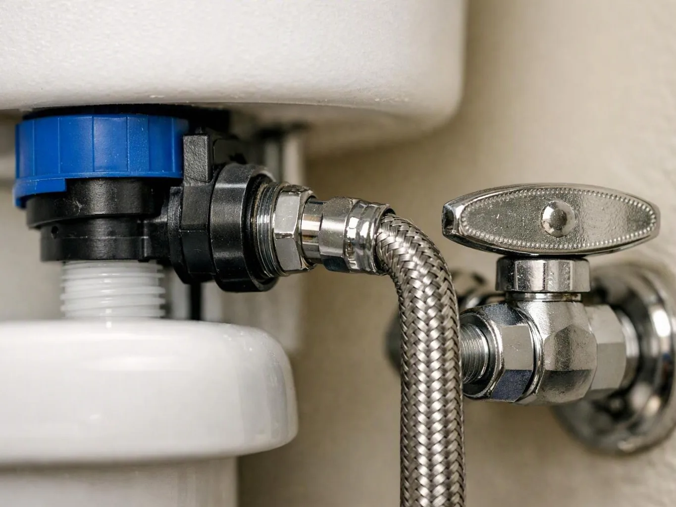 Close-up of a braided metal hose connected to a chrome shutoff valve under a white fixture