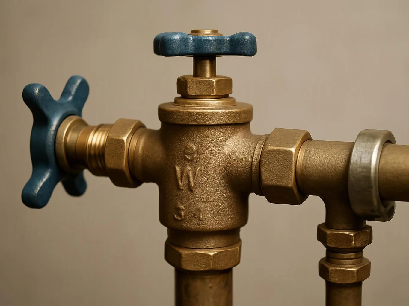 Close-up of a brass pipe valve with blue handles against a plain beige background