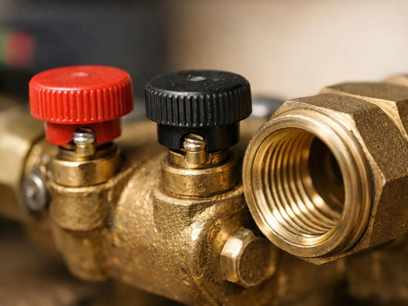 Close-up of brass plumbing valves with red and black knobs beside a threaded pipe opening