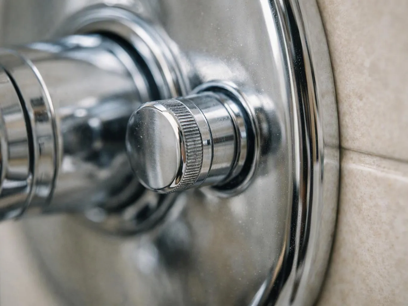 Close-up of a chrome shower control knob mounted on a tiled wall