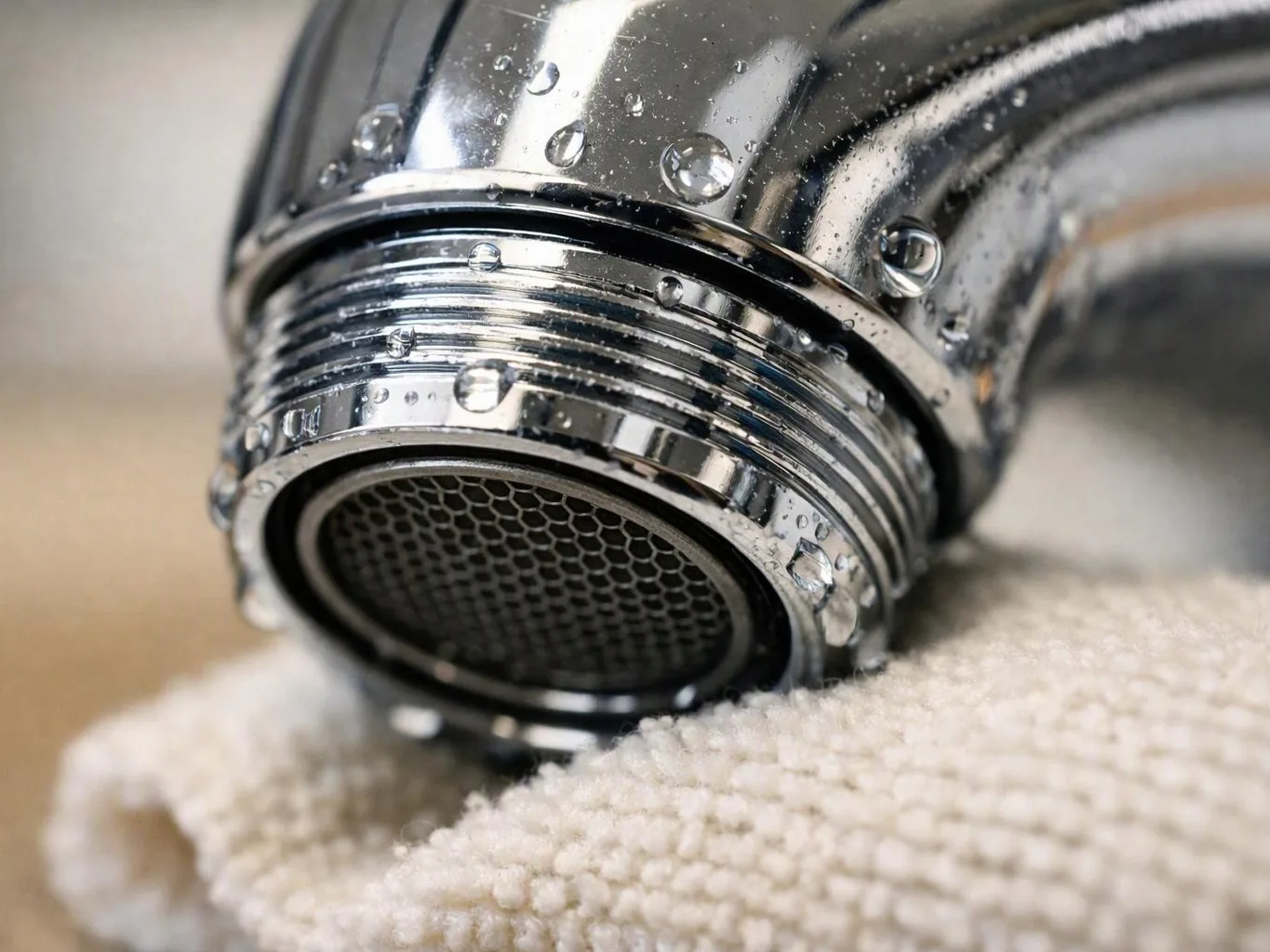 Close-up of a shiny chrome faucet aerator with water droplets beside a white textured towel