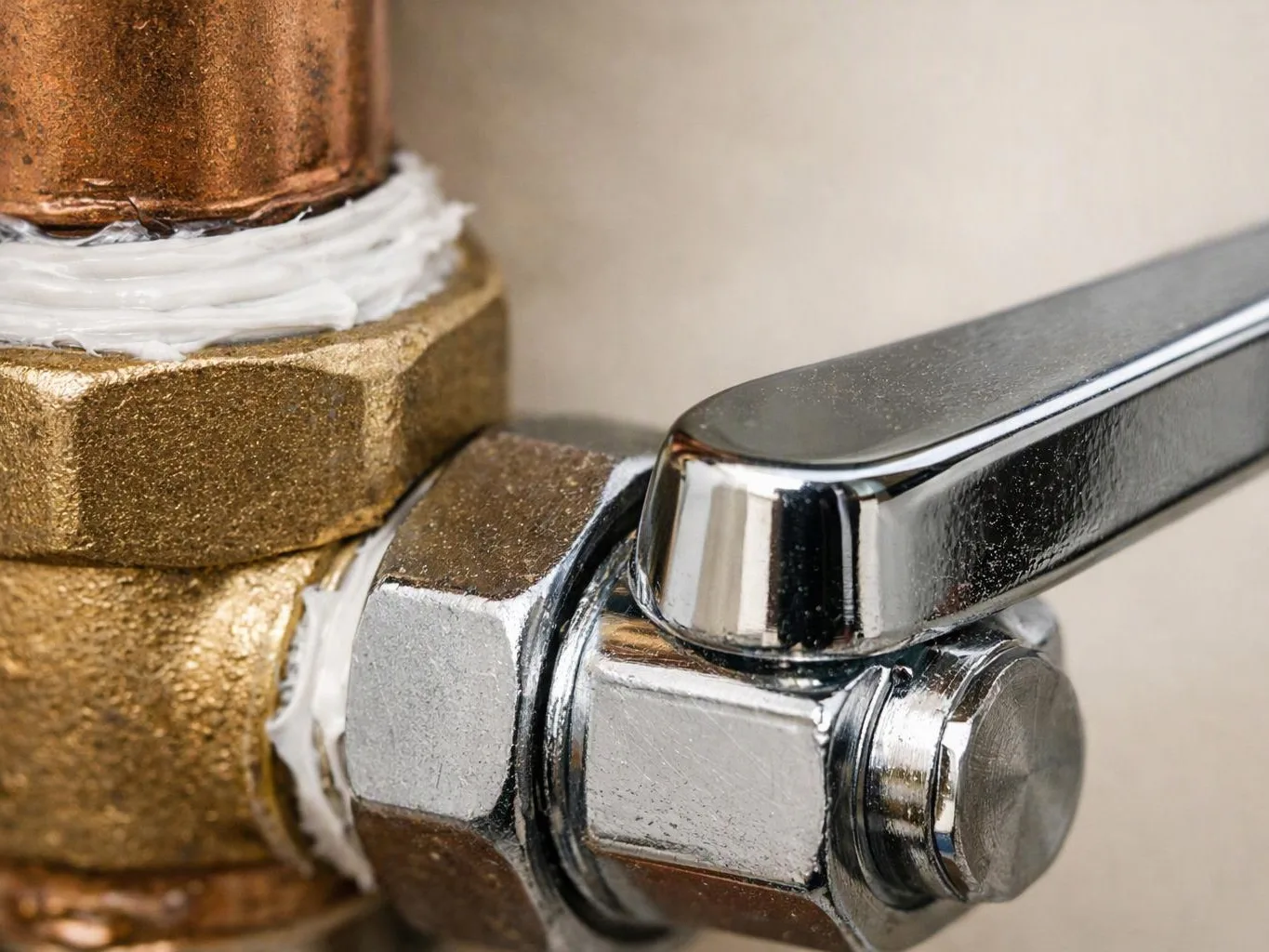 Close-up of a shiny metal valve handle attached to brass plumbing fittings with white sealant visible