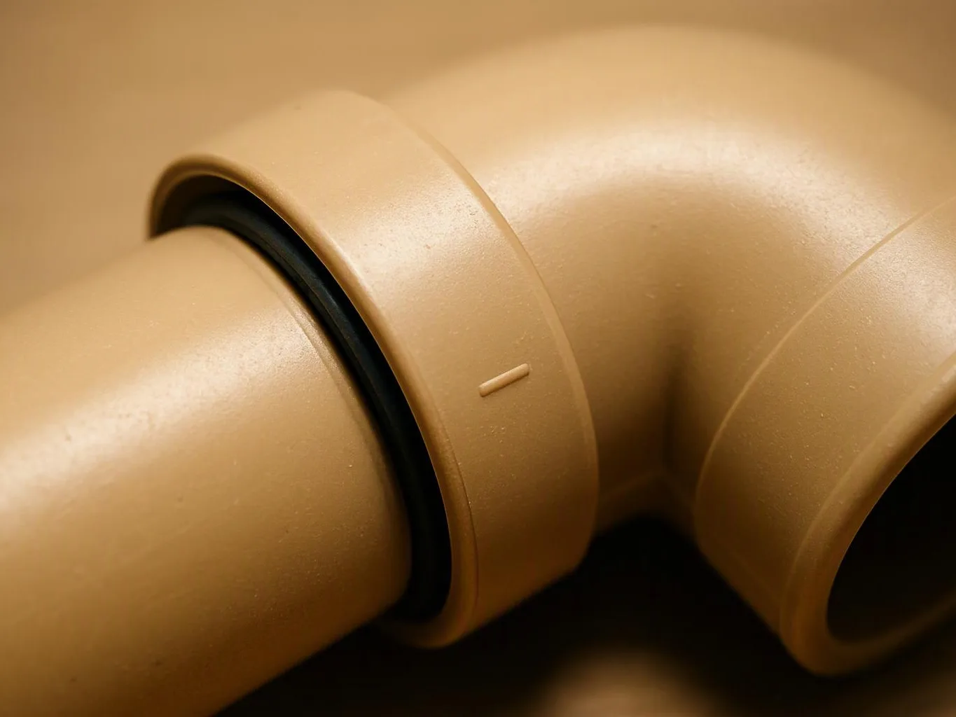 A close-up shows a beige plastic pipe elbow with a black sealing ring on a plain background