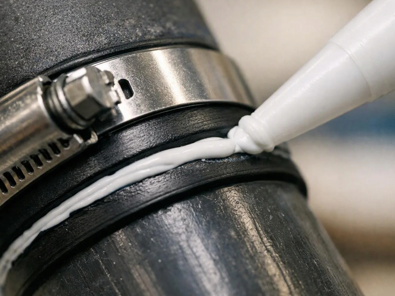A close-up shows a white sealant tube applying a bead beside a metal hose clamp on a black pipe