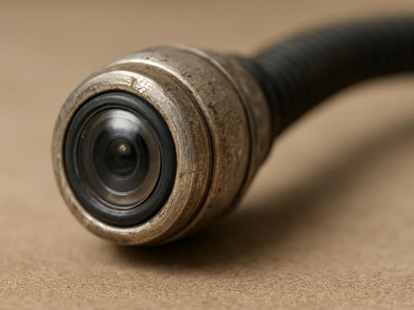 Close-up of a small camera lens on a worn metal cable against a beige surface