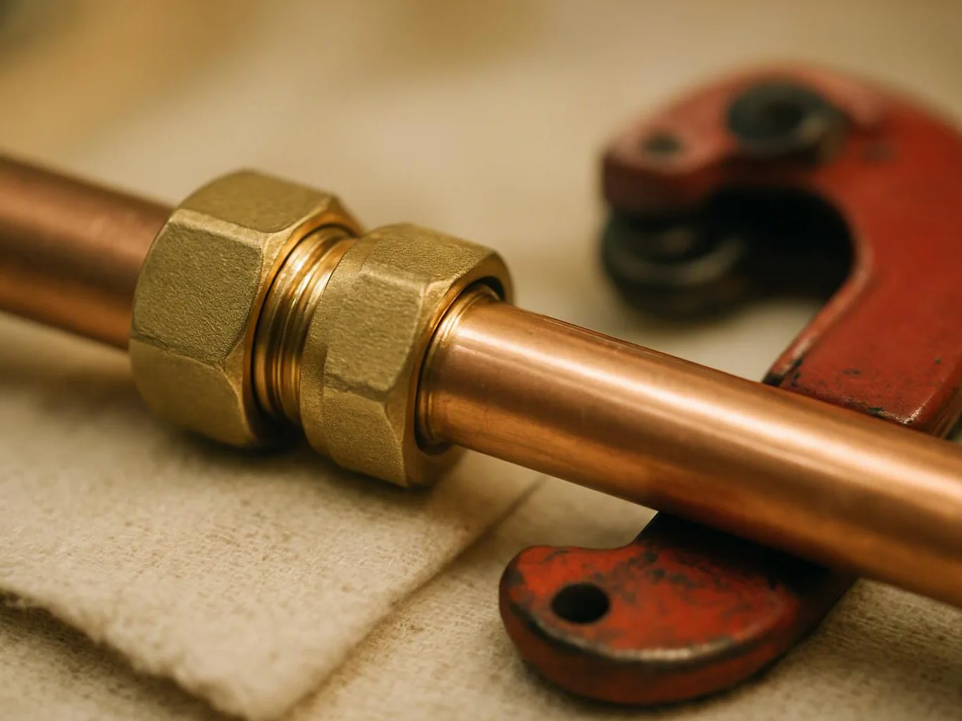 Copper pipe with brass fittings rests beside a red pipe cutter on a beige surface