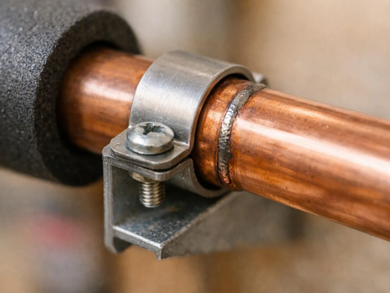 A copper pipe passes through a metal clamp beside black foam insulation in a close-up indoor setting