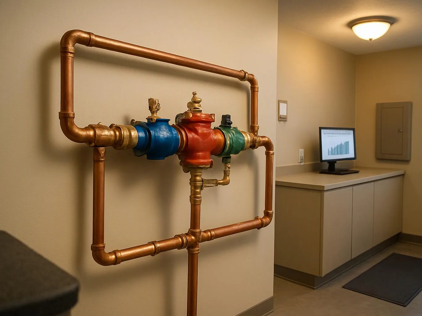 Copper pipes with blue, red, and green valves are mounted on a beige wall beside a small monitor displaying a chart