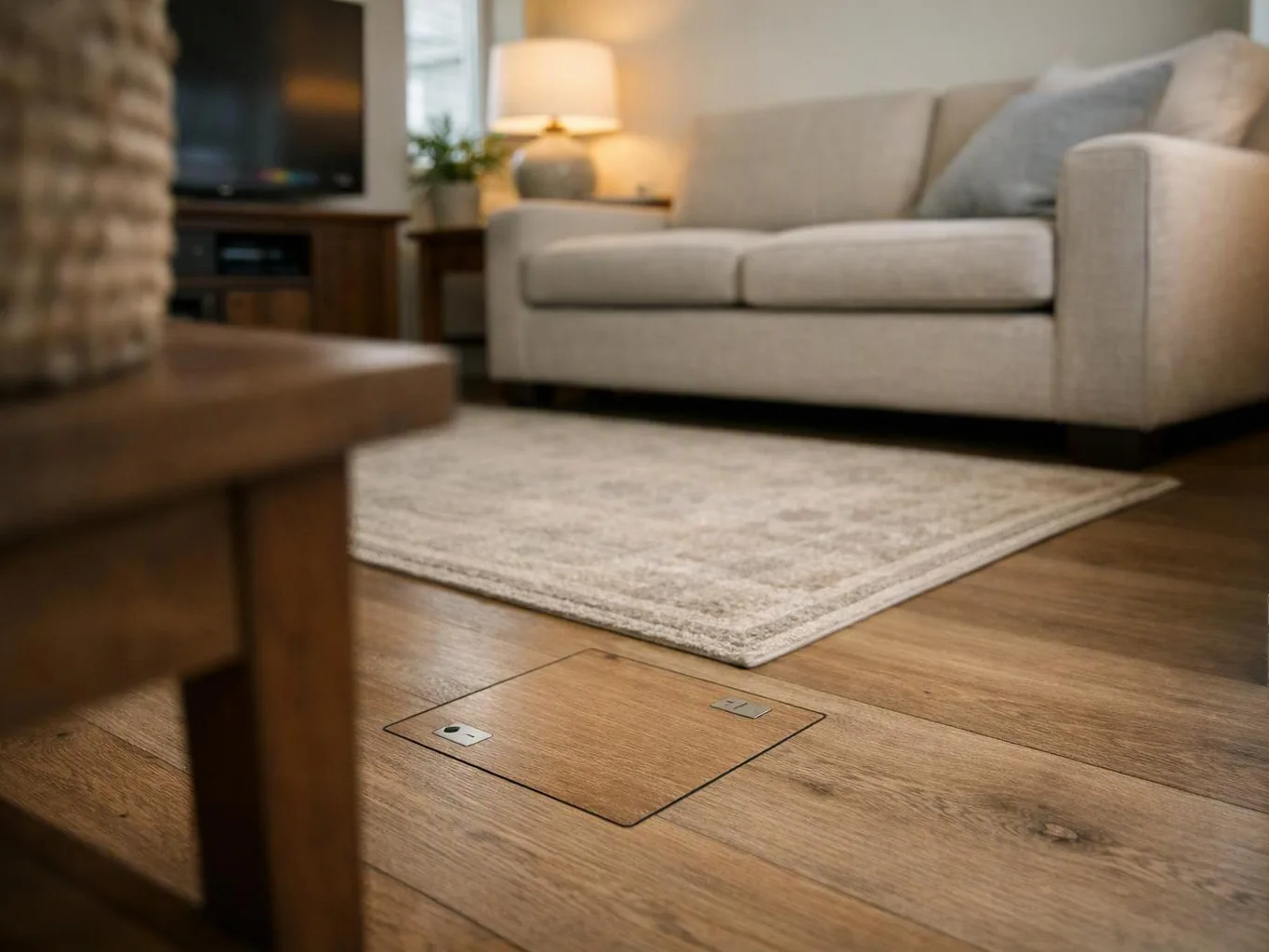 A cozy living room shows a beige sofa, lamp, rug, and a floor access panel in the wood floor