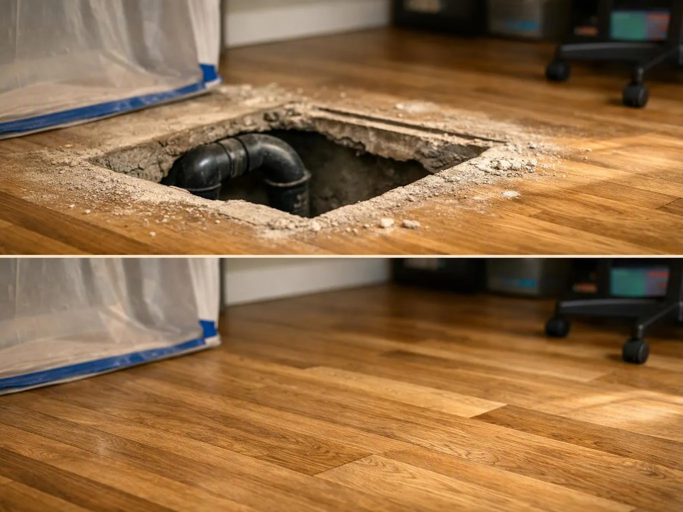 A damaged hardwood floor with a cutout exposing black pipes above an intact repaired floor section