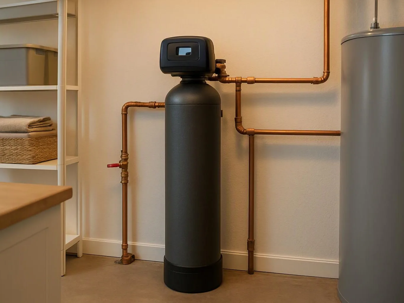A dark water treatment tank with copper pipes stands in a tidy utility room beside shelves and a larger cylinder