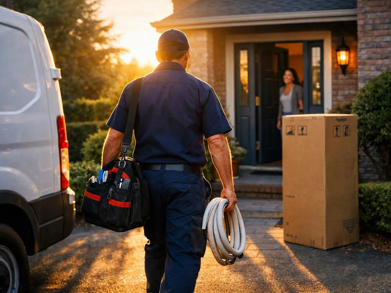 A delivery worker walks toward a house carrying tools and coiled cable, with a package by the door at sunset