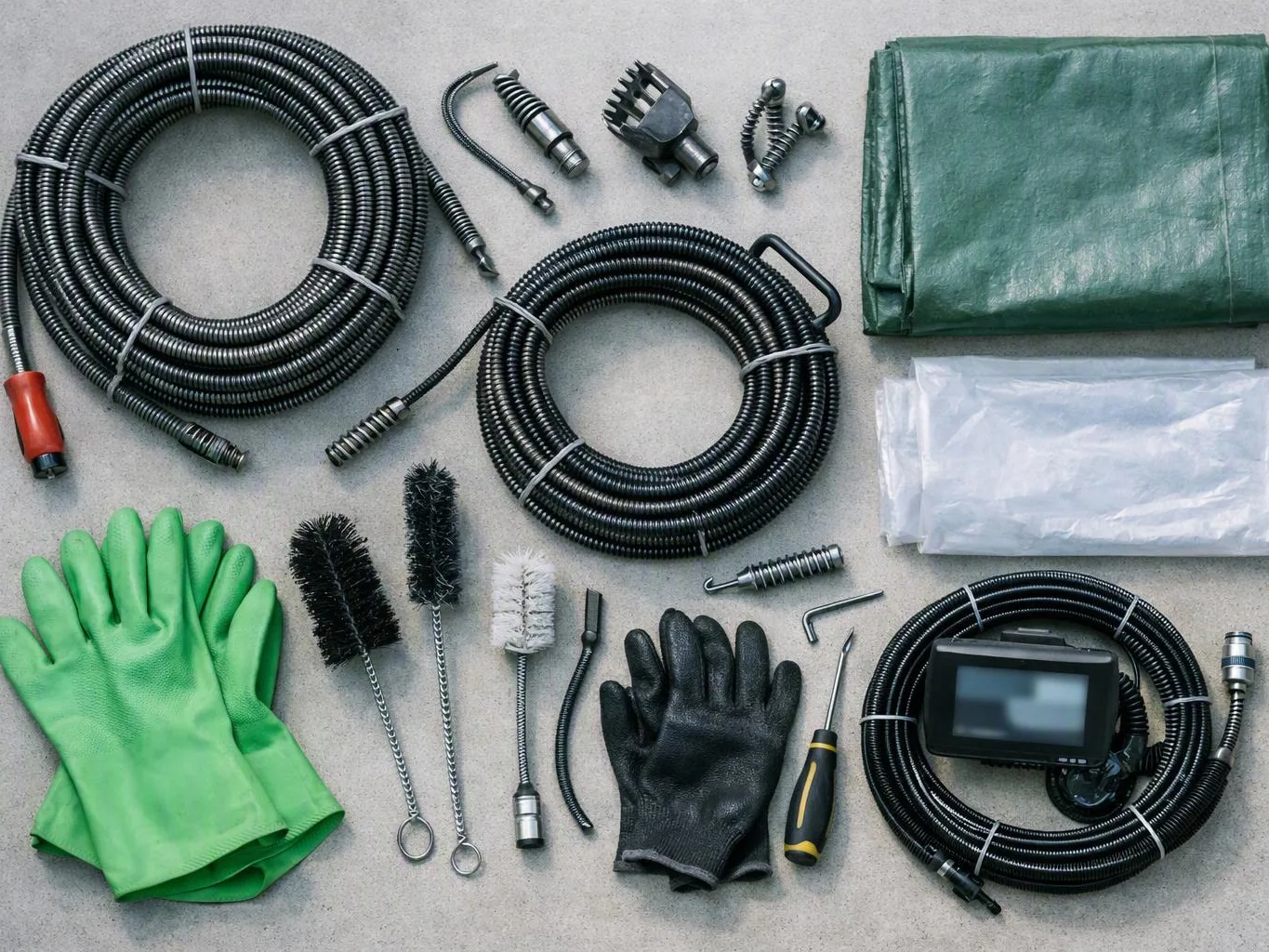 A flat lay of drain cleaning tools, coiled hoses, brushes, gloves, and a small inspection monitor on a gray surface