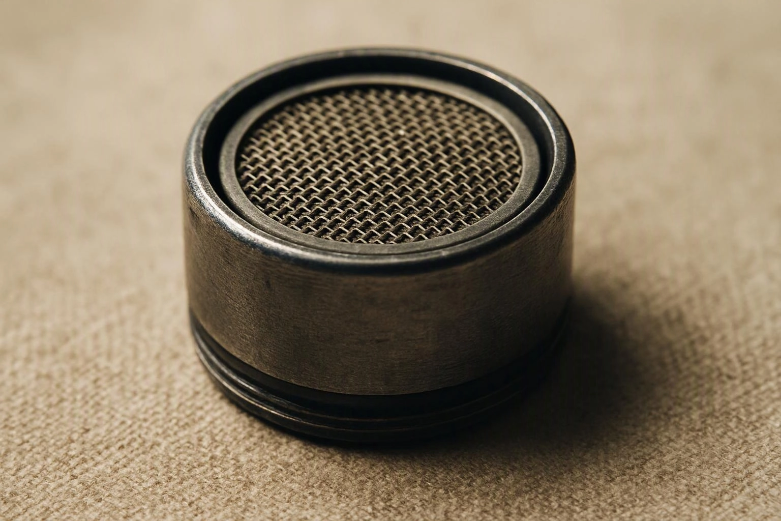 A small metal mesh filter rests on a beige fabric surface