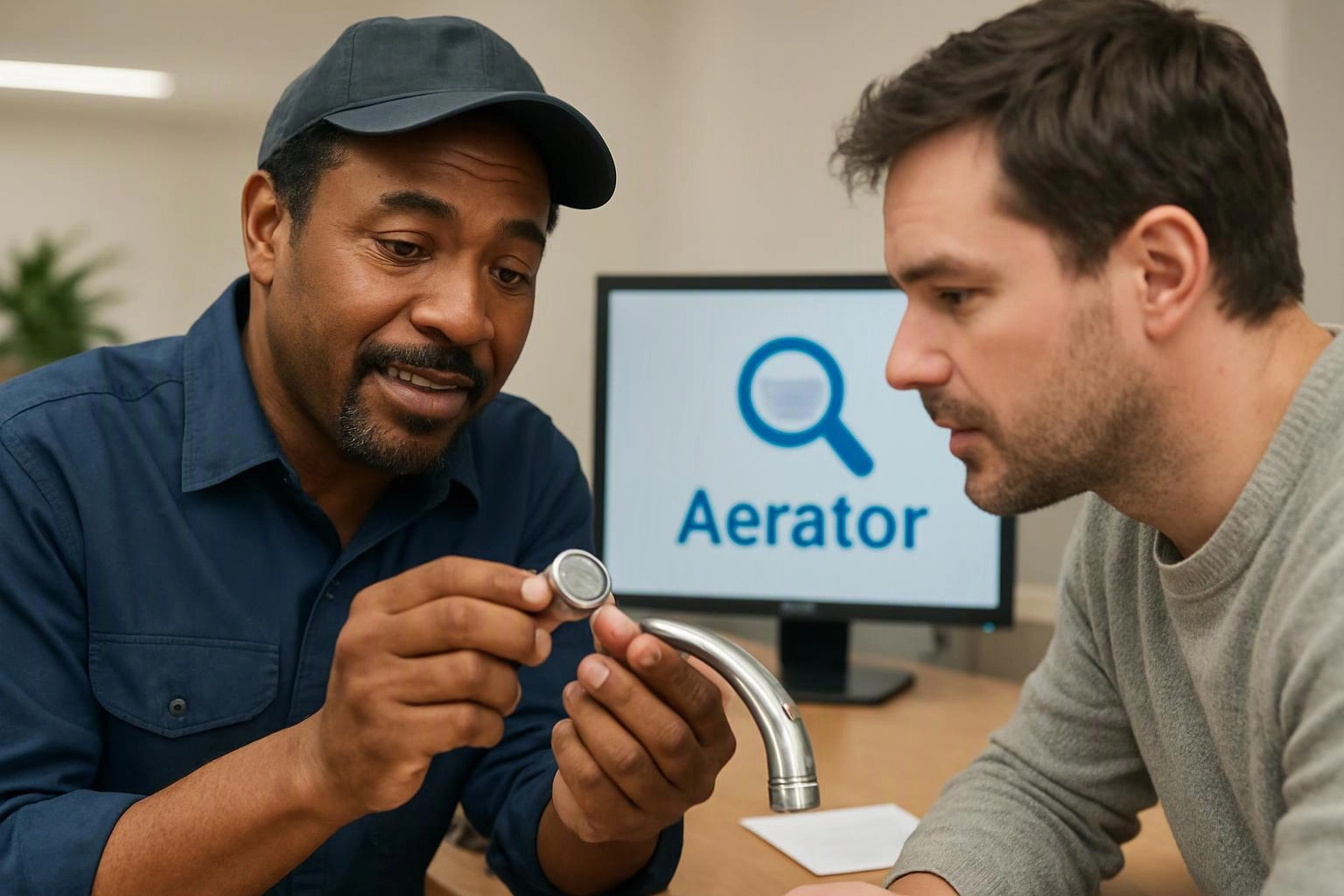 Two men inspect a faucet aerator at a desk, with a monitor showing a magnifying glass and the word “Aerator”