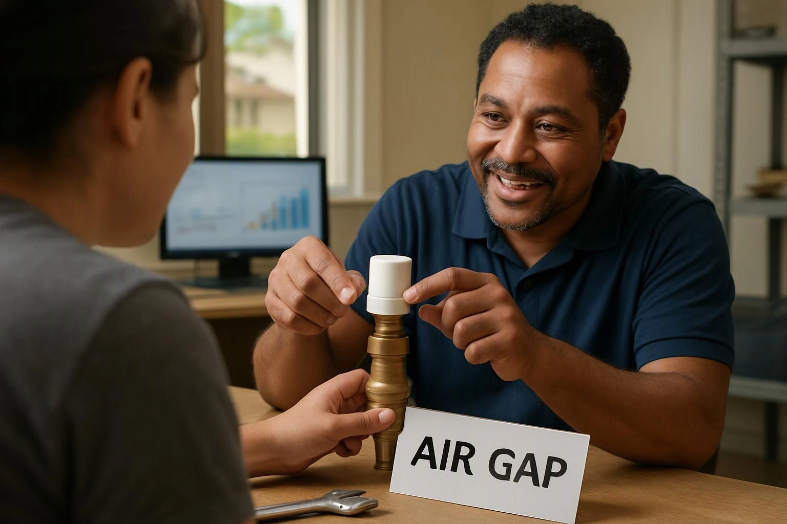 A smiling man demonstrates a brass fitting with a white cap across a table, beside a sign reading AIR GAP