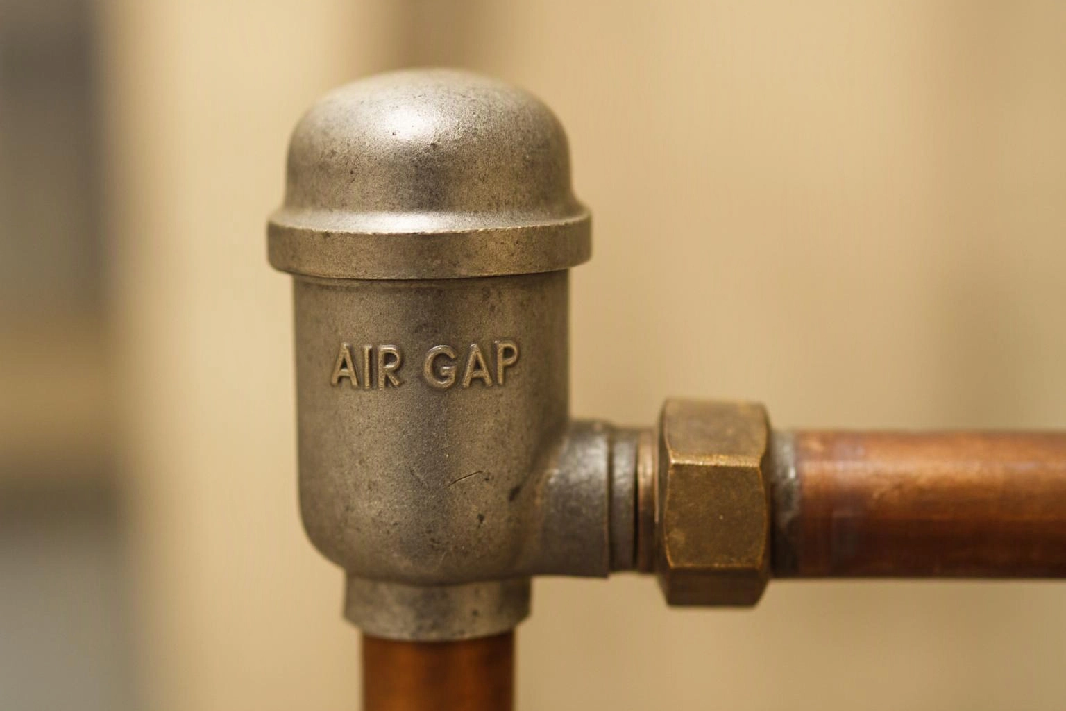 A metal air gap fitting connects copper pipes against a soft beige background